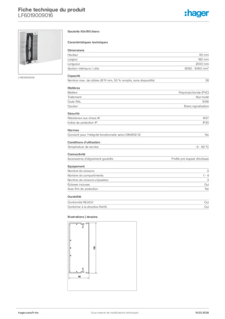Image Hager Fiche technique du produit LF6019009016 | Hager Belgique