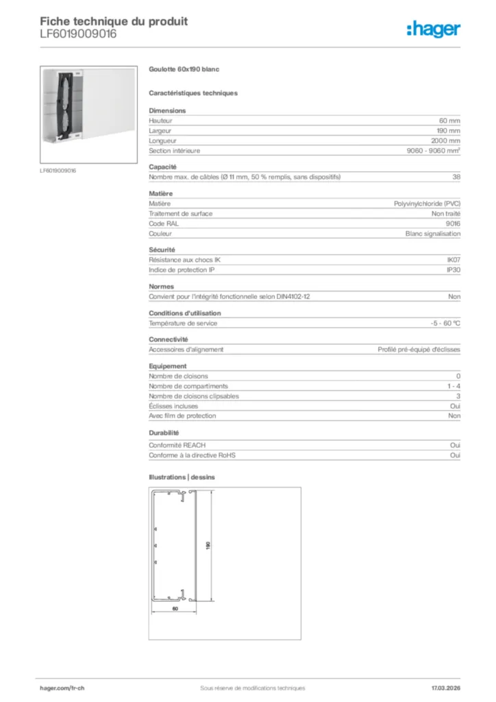 Image Hager Fiche technique du produit LF6019009016 | Hager Suisse