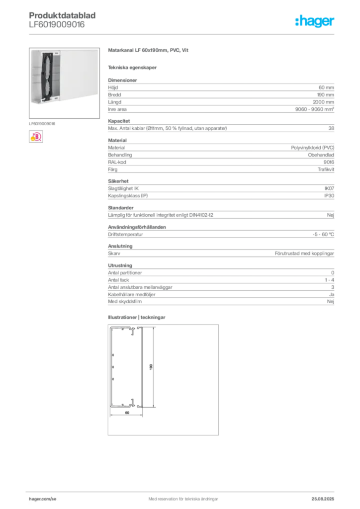Bild Hager Produktdatablad LF6019009016 | Hager Sverige