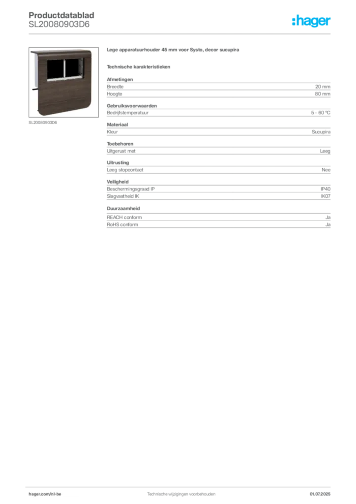 Afbeelding Hager Productdatablad SL20080903D6 | Hager Belgium