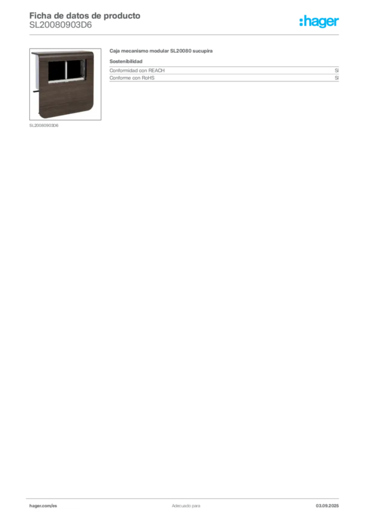 Imagen Hager Ficha de datos de producto SL20080903D6 | Hager España