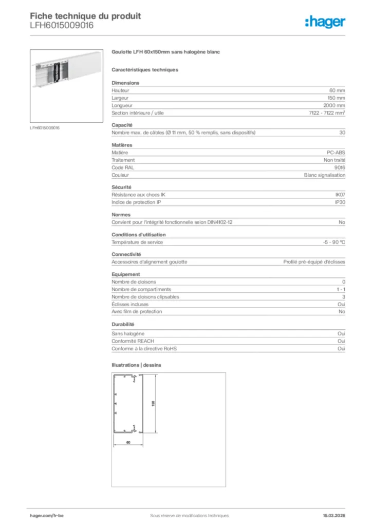 Image Hager Fiche technique du produit LFH6015009016 | Hager Belgique