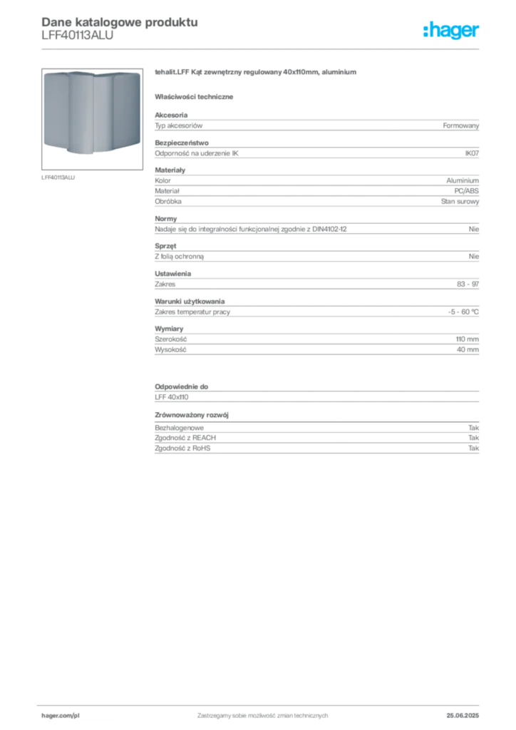 Zdjęcie Hager Dane katalogowe produktu LFF40113ALU | Hager Polska