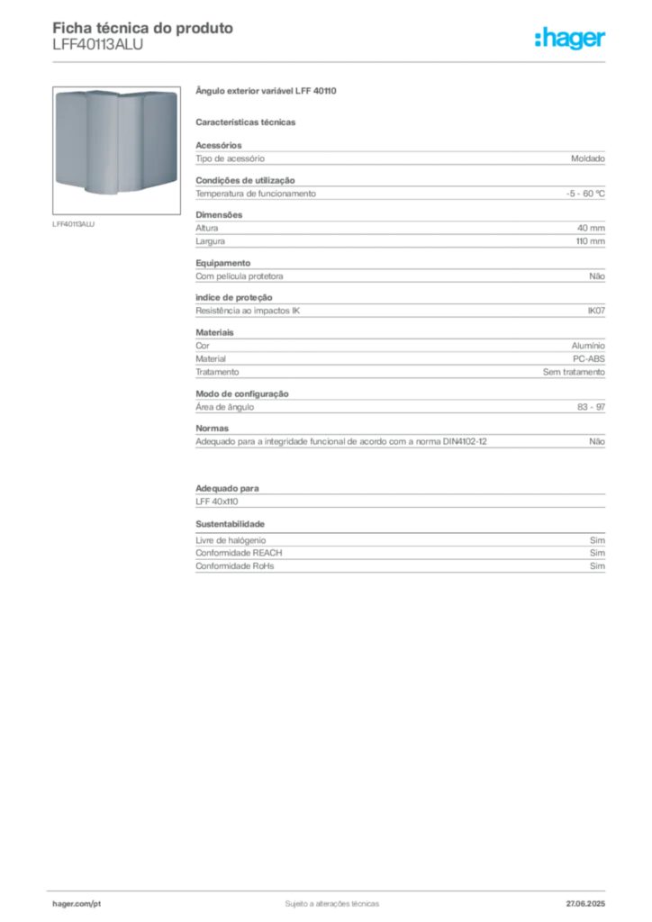 Imagem Hager Ficha técnica do produto LFF40113ALU | Hager Portugal