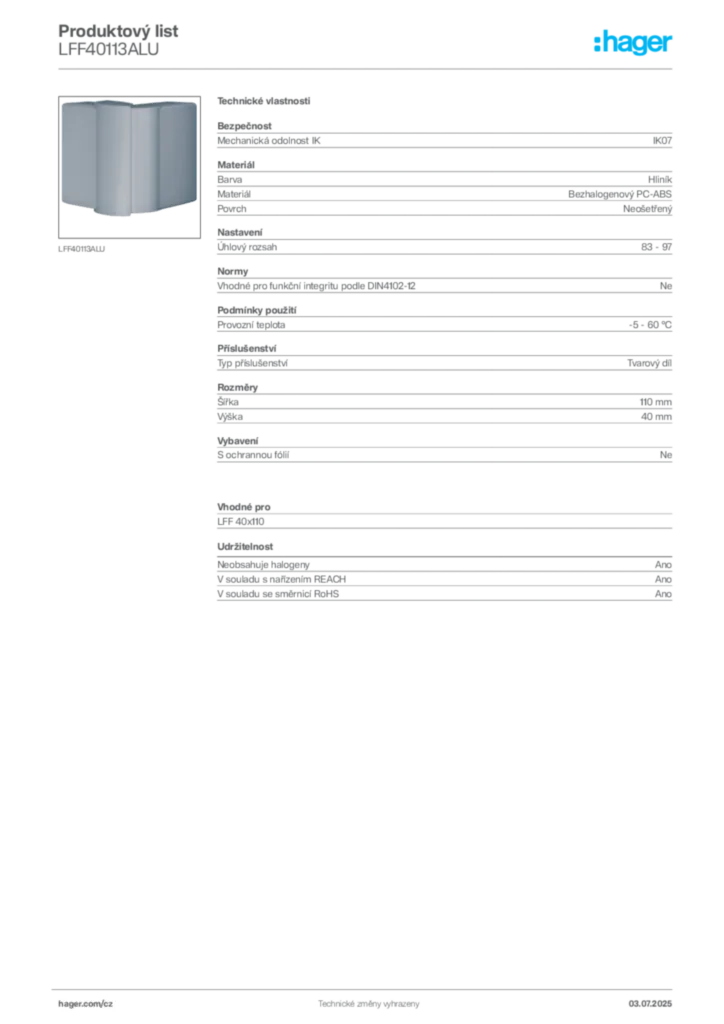Obrázek Hager Produktový list LFF40113ALU | Hager