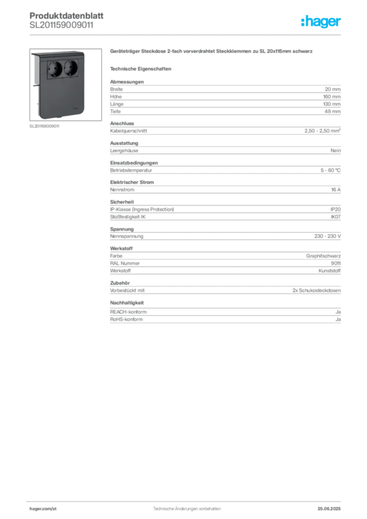 Bild Hager Produktdatenblatt SL201159009011 | Hager Deutschland
