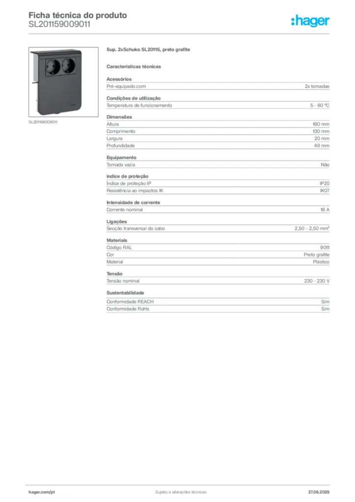 Imagem Hager Ficha técnica do produto SL201159009011 | Hager Portugal