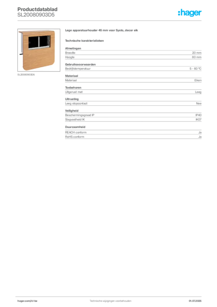Afbeelding Hager Productdatablad SL20080903D5 | Hager Belgium