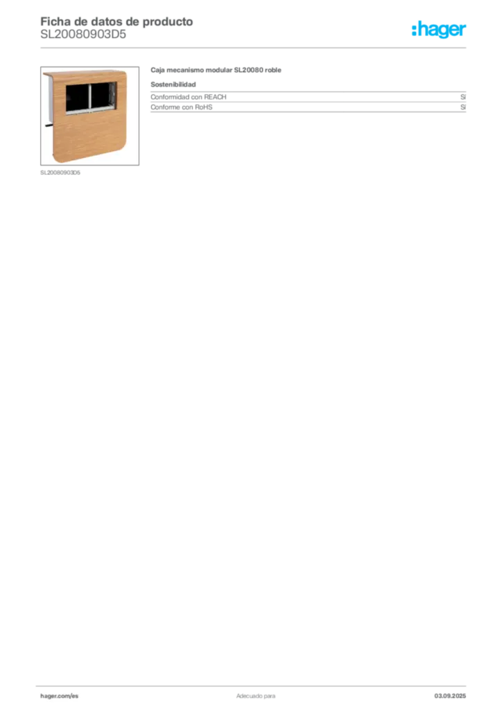 Imagen Hager Ficha de datos de producto SL20080903D5 | Hager España