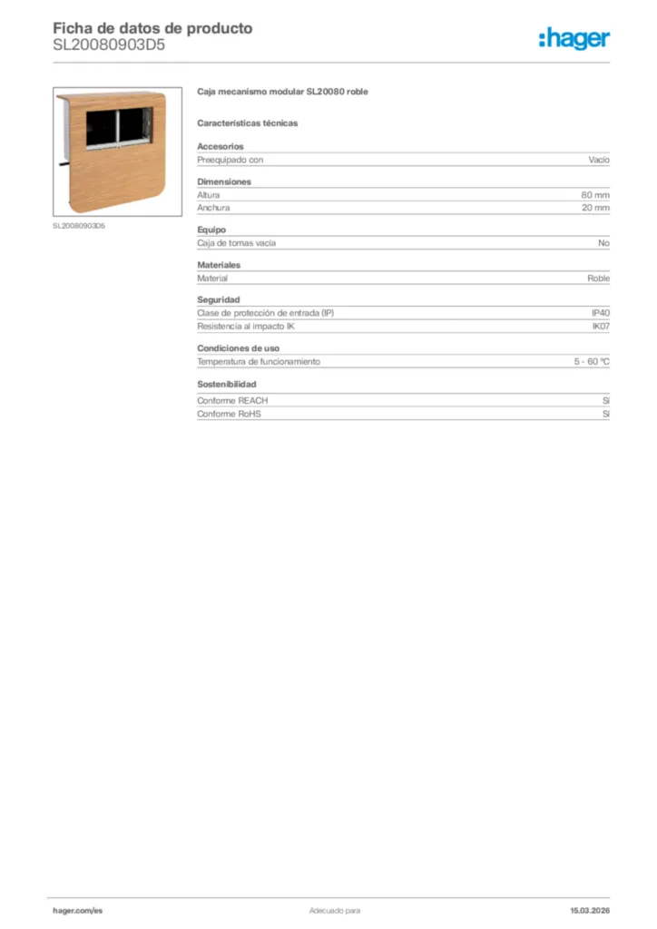 Imagen Hager Ficha de datos de producto SL20080903D5 | Hager España