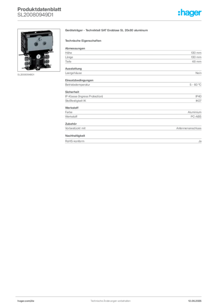 Bild Hager Produktdatenblatt SL20080949D1 | Hager Deutschland