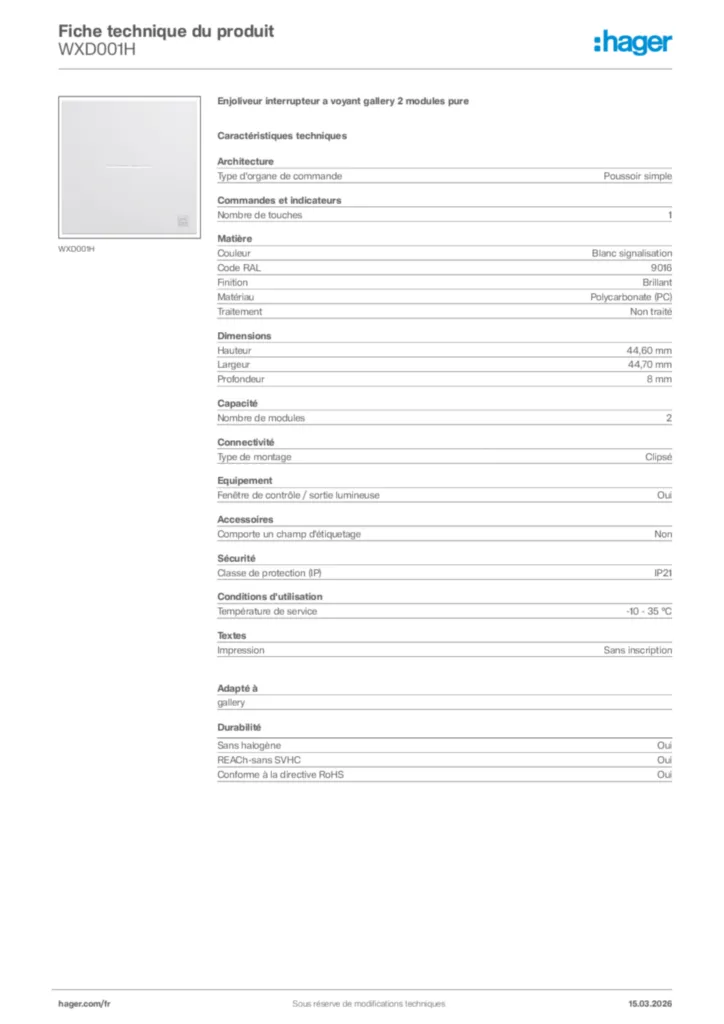 Image Hager Fiche technique du produit WXD001H | Hager France
