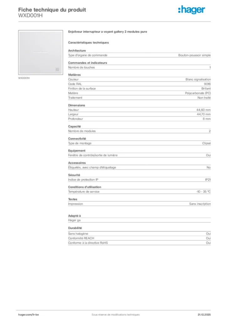 Image Hager Fiche technique du produit WXD001H | Hager Belgique