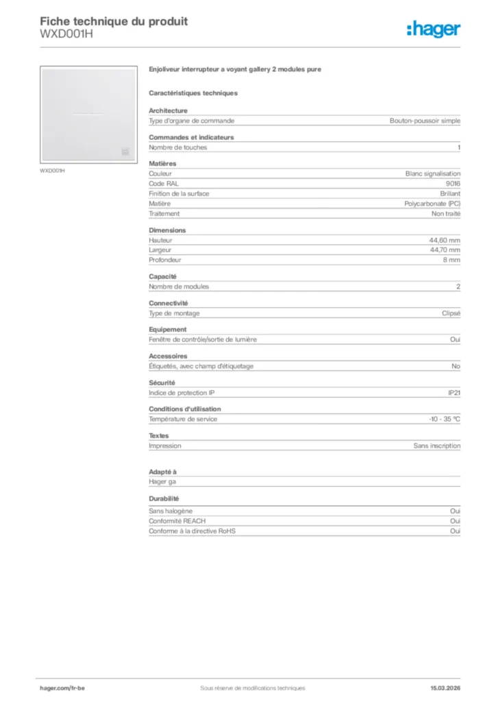 Image Hager Fiche technique du produit WXD001H | Hager Belgique