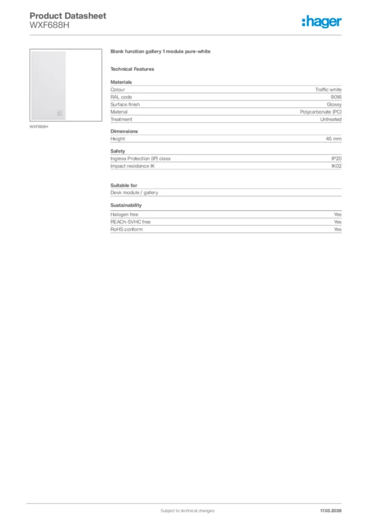 Image Hager Product data sheet WXF688H  | Hager Africa