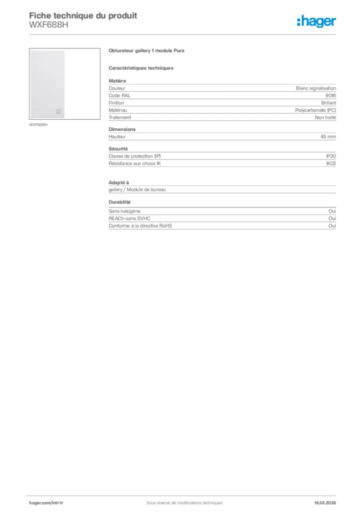 Image Hager Fiche technique du produit WXF688H | Hager Afrique