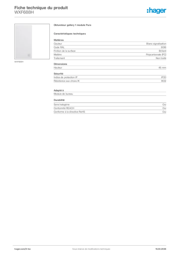 Image Hager Fiche technique du produit WXF688H | Hager Belgique