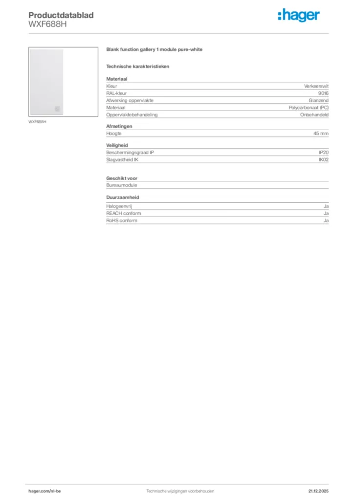 Afbeelding Hager Productdatablad WXF688H | Hager Belgium