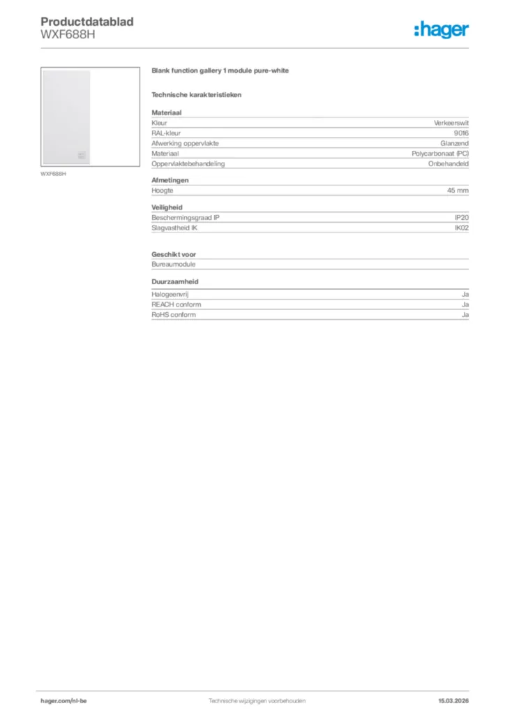 Afbeelding Hager Productdatablad WXF688H | Hager Belgium