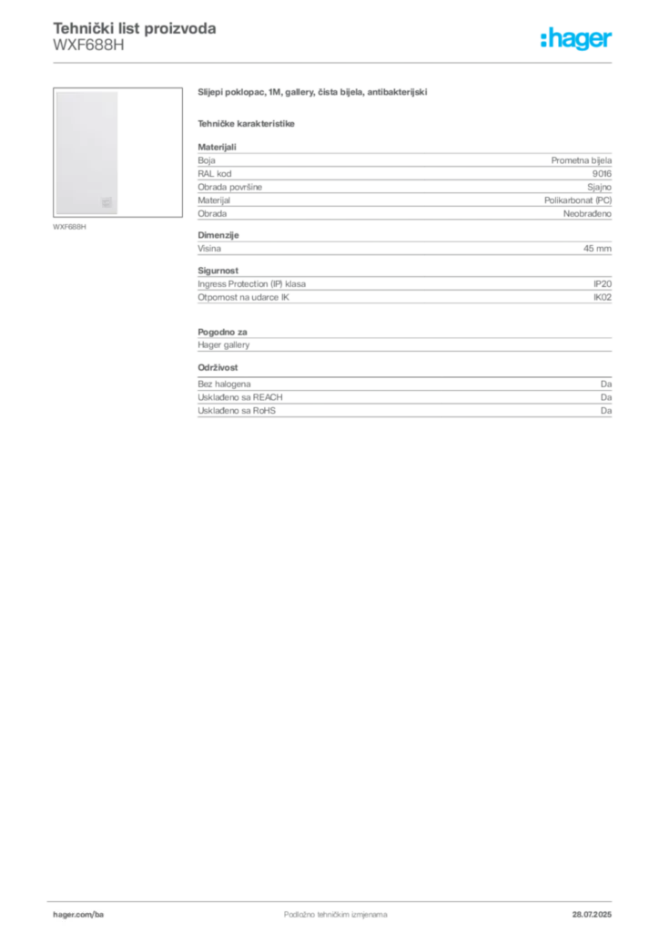 Slika Hager Product data sheet WXF688H  | Hager