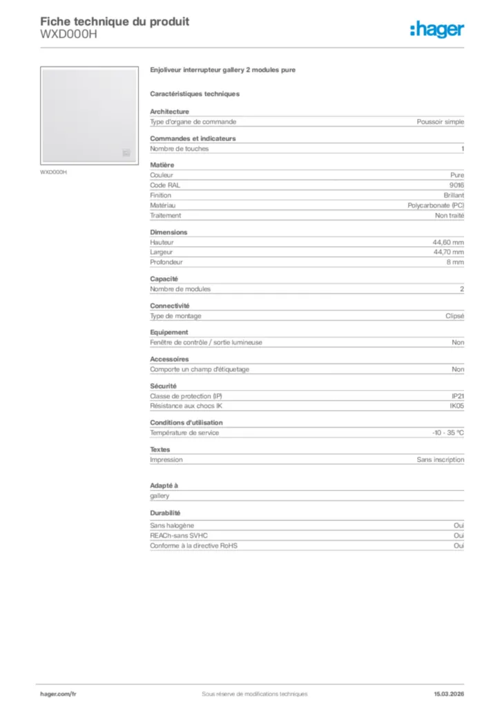 Image Hager Fiche technique du produit WXD000H | Hager France