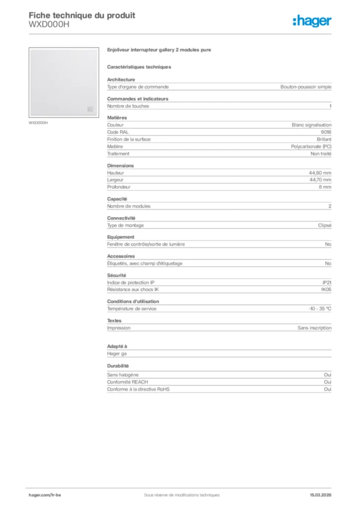 Image Hager Fiche technique du produit WXD000H | Hager Belgique