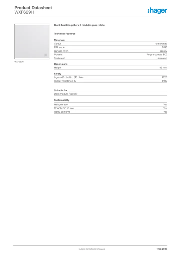 Image Hager Product data sheet WXF689H  | Hager Africa