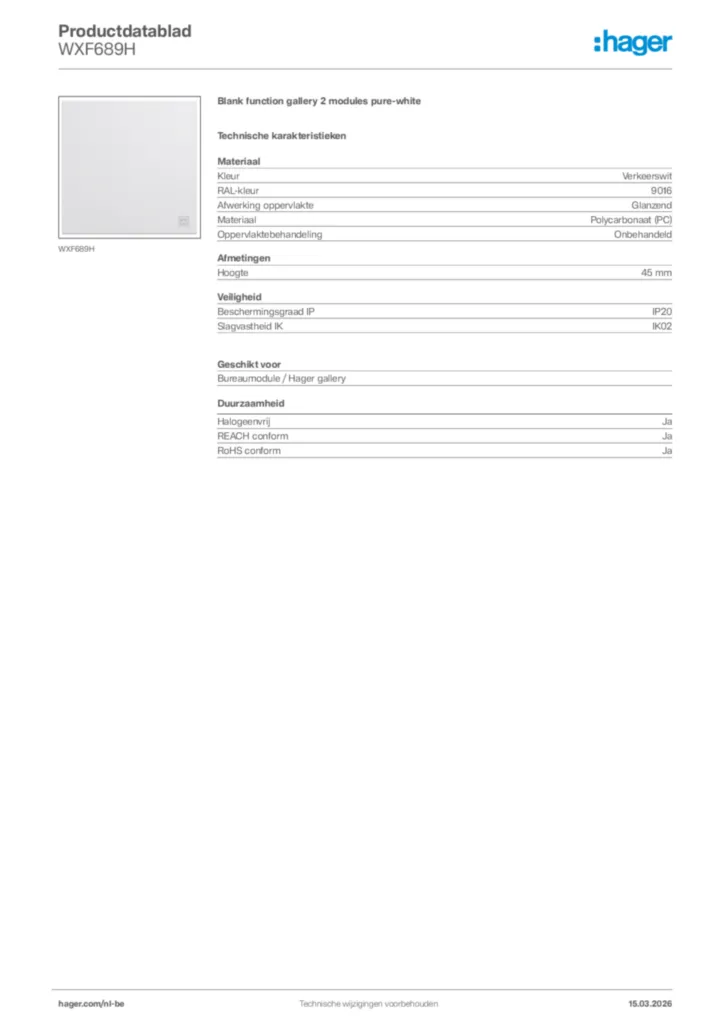 Afbeelding Hager Productdatablad WXF689H | Hager Belgium