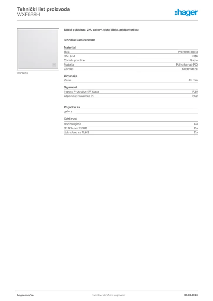 Slika Hager Tehnički list proizvoda WXF689H  | Hager