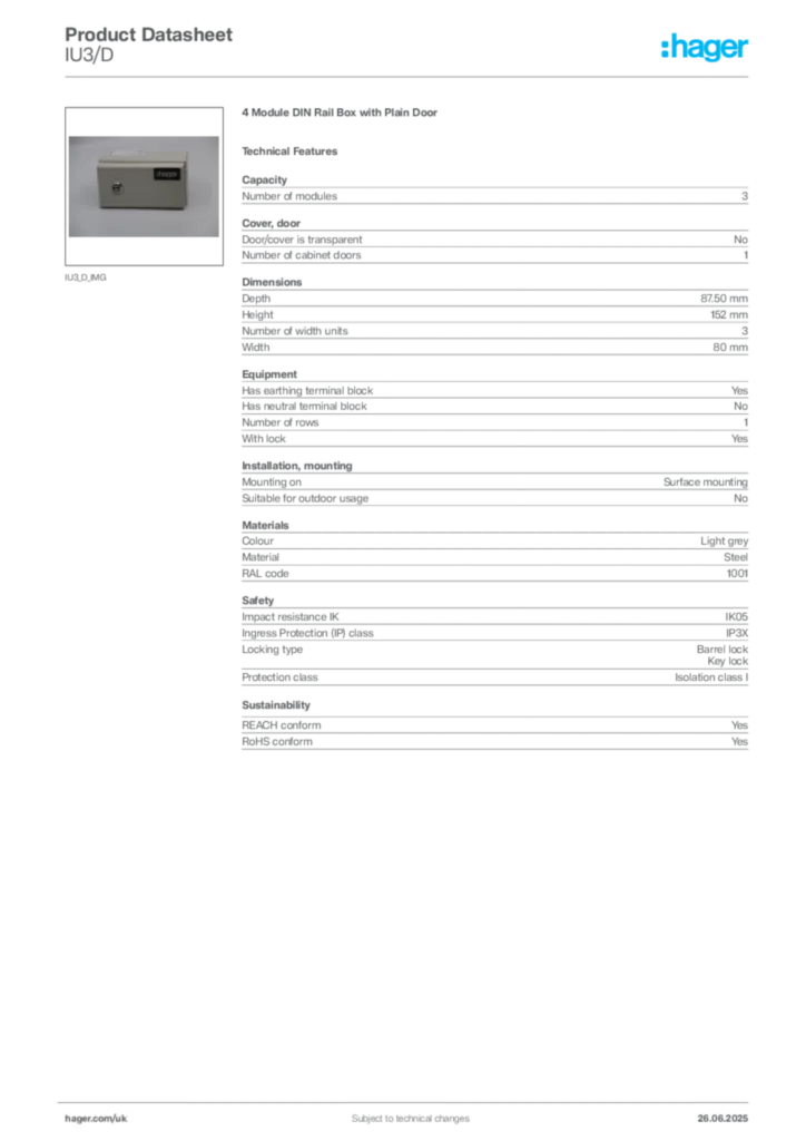 Image Hager Product data sheet IU3/D  | Hager