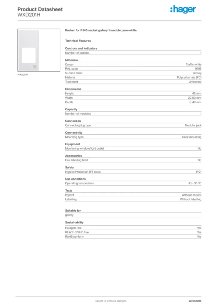 Image Hager Product data sheet WXD201H  | Hager Africa