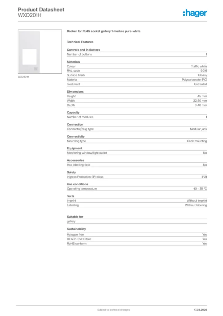 Image Hager Product data sheet WXD201H  | Hager Africa