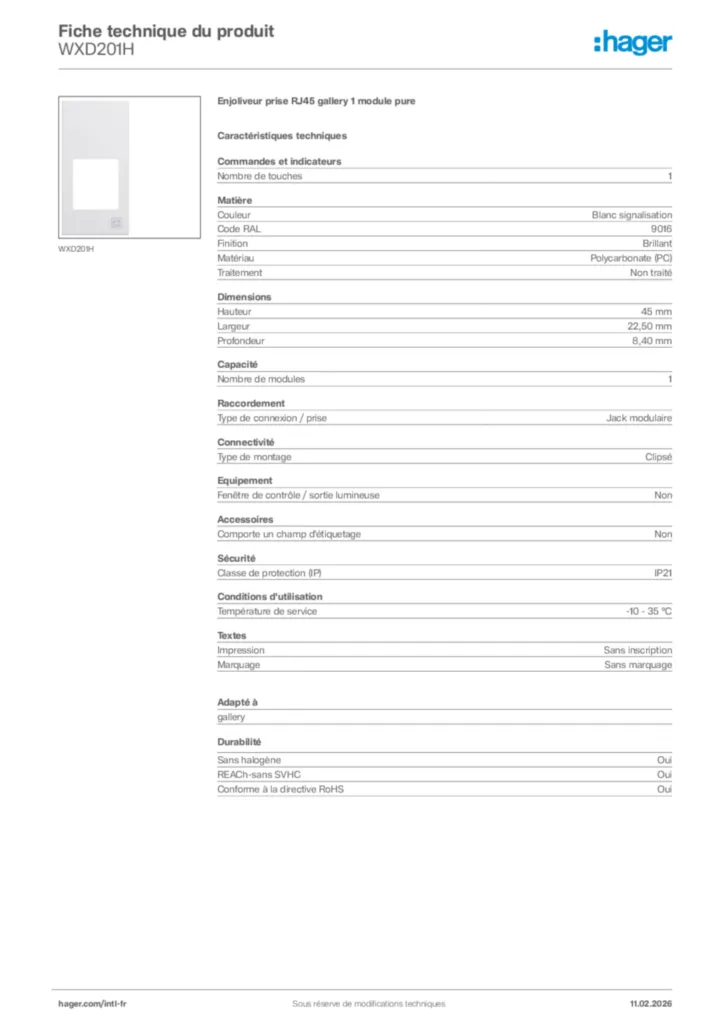 Image Hager Fiche technique du produit WXD201H | Hager Afrique