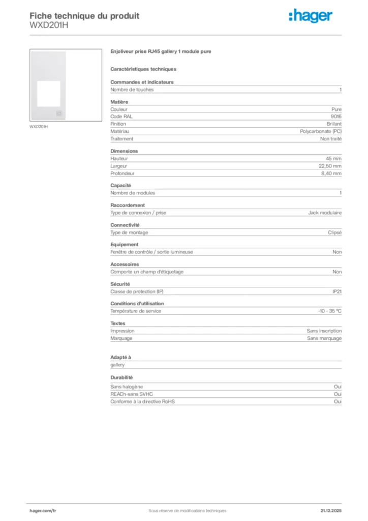 Image Hager Fiche technique du produit WXD201H | Hager France