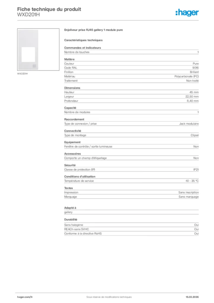 Image Hager Fiche technique du produit WXD201H | Hager France