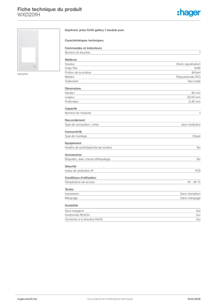 Image Hager Fiche technique du produit WXD201H | Hager Belgique