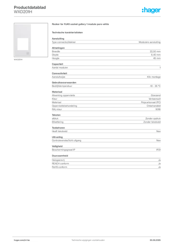 Afbeelding Hager Productdatablad WXD201H | Hager Belgium