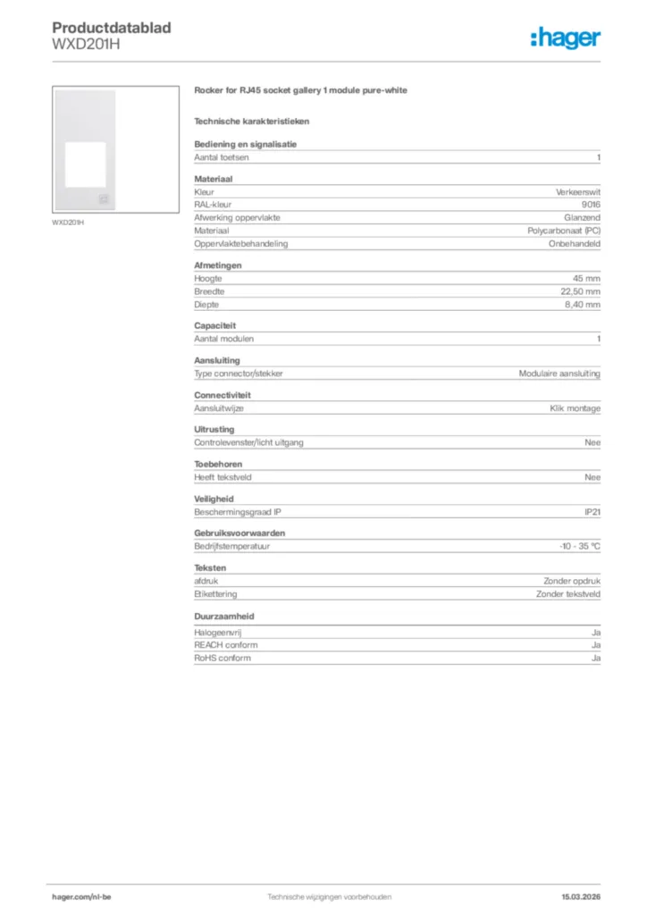 Afbeelding Hager Productdatablad WXD201H | Hager Belgium