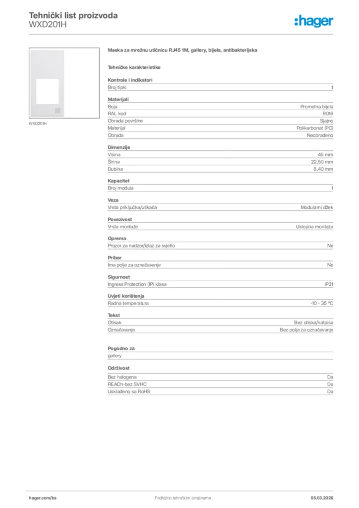 Slika Hager Tehnički list proizvoda WXD201H  | Hager