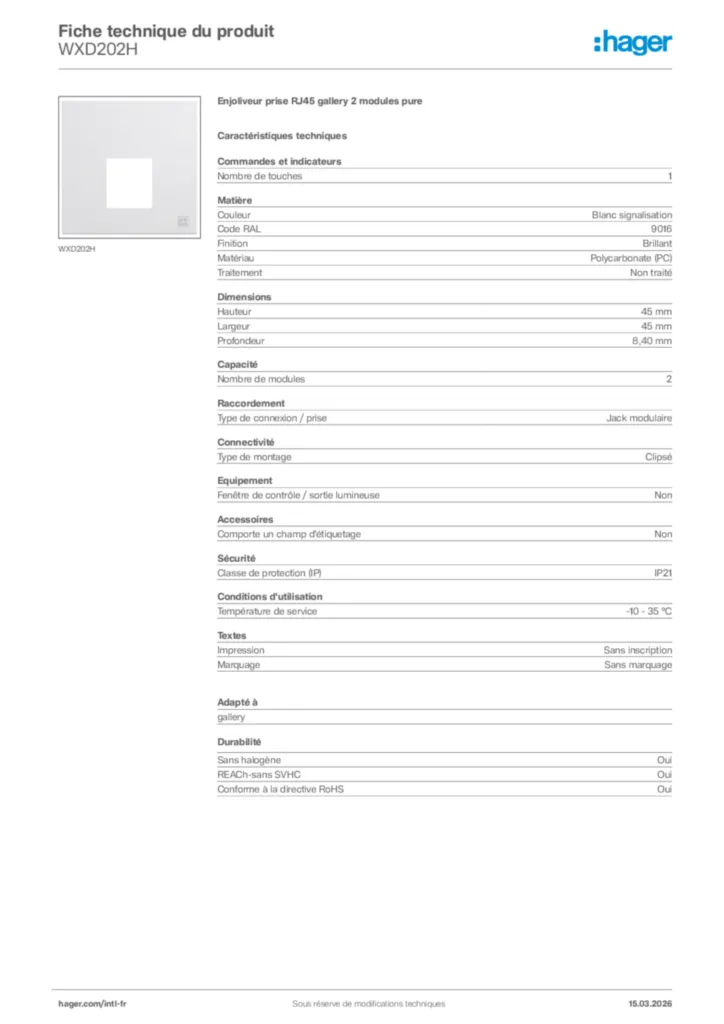 Image Hager Fiche technique du produit WXD202H | Hager Afrique