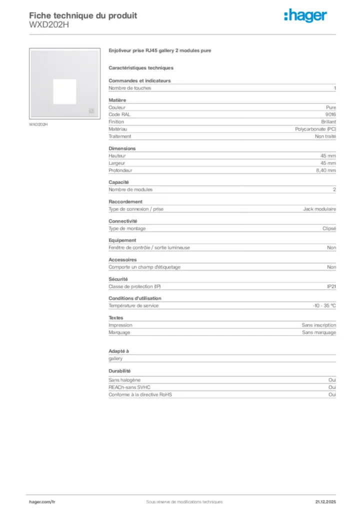 Image Hager Fiche technique du produit WXD202H | Hager France