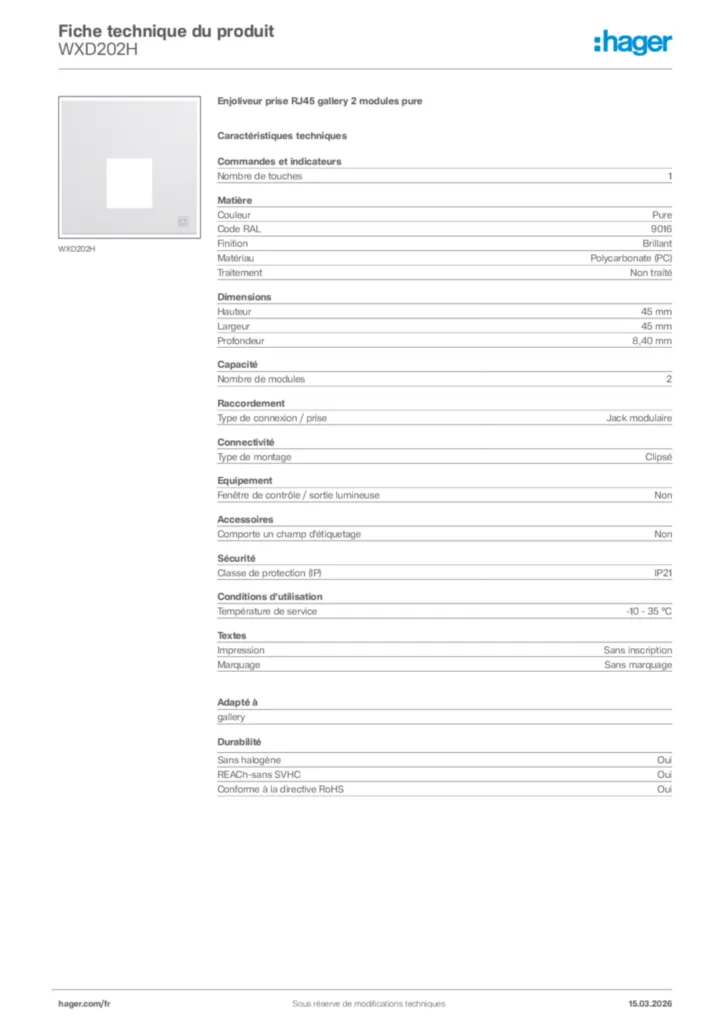 Image Hager Fiche technique du produit WXD202H | Hager France