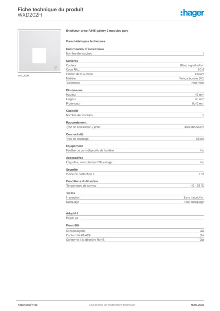 Image Hager Fiche technique du produit WXD202H | Hager Belgique