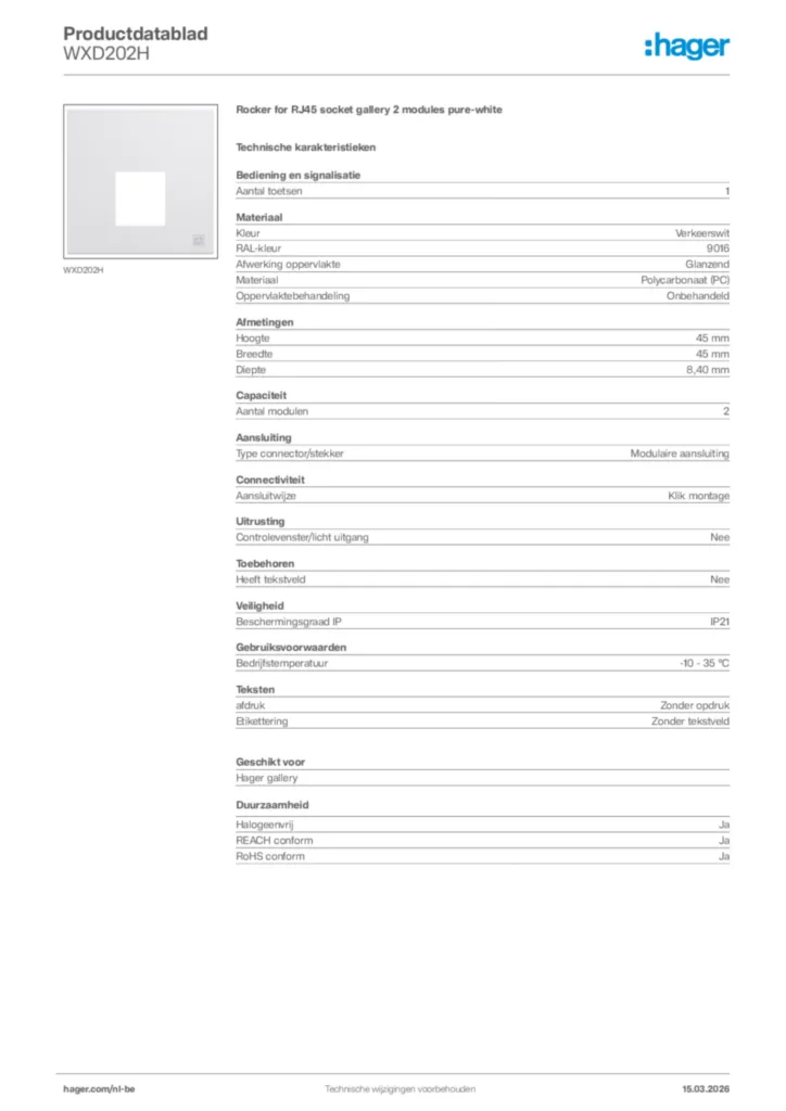 Afbeelding Hager Productdatablad WXD202H | Hager Belgium