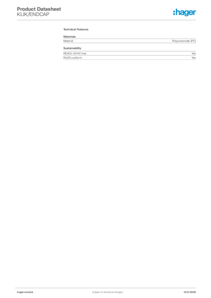 Image Hager Product data sheet KLIK/ENDCAP  | Hager