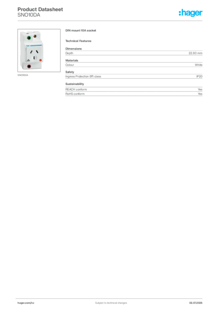 Image Hager Product data sheet SNO10DA  | Hager New Zealand