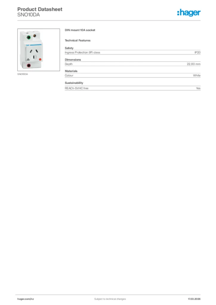 Image Hager Product data sheet SNO10DA  | Hager New Zealand