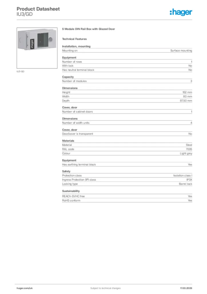 Image Hager Product data sheet IU3/GD  | Hager