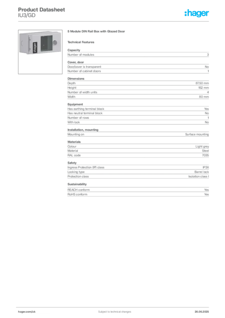 Image Hager Product data sheet IU3/GD  | Hager