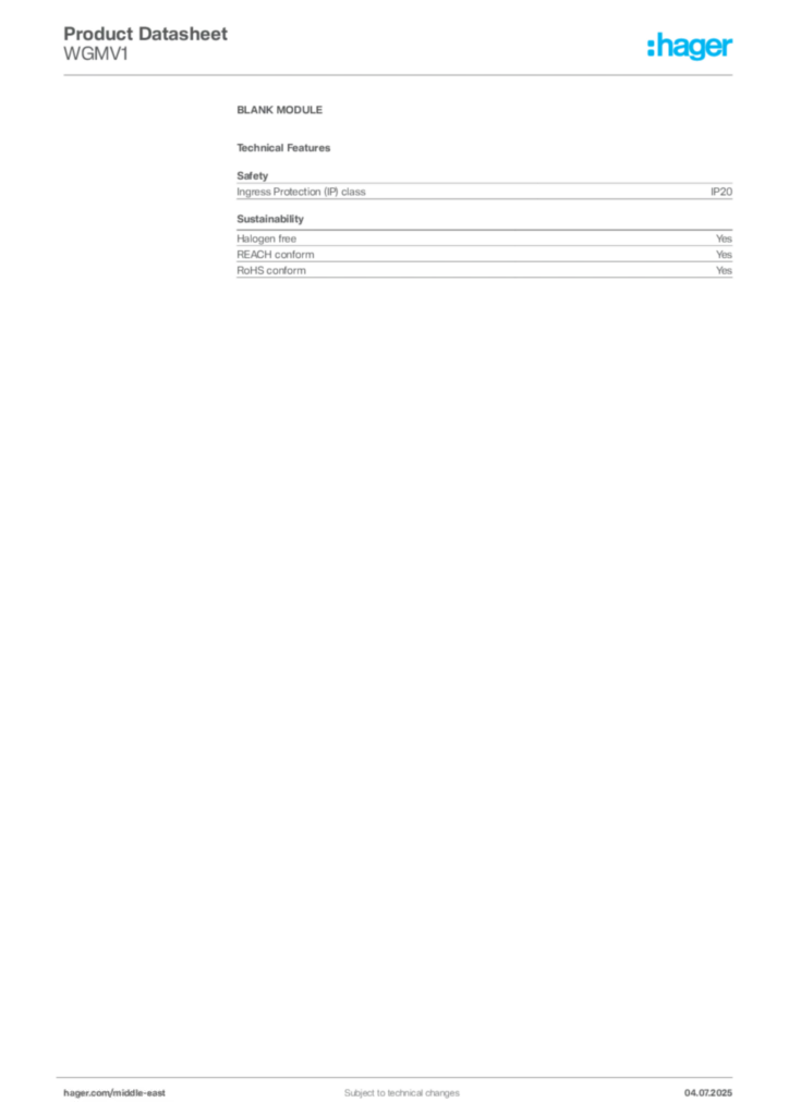 Image Hager Product data sheet WGMV1  | Hager
